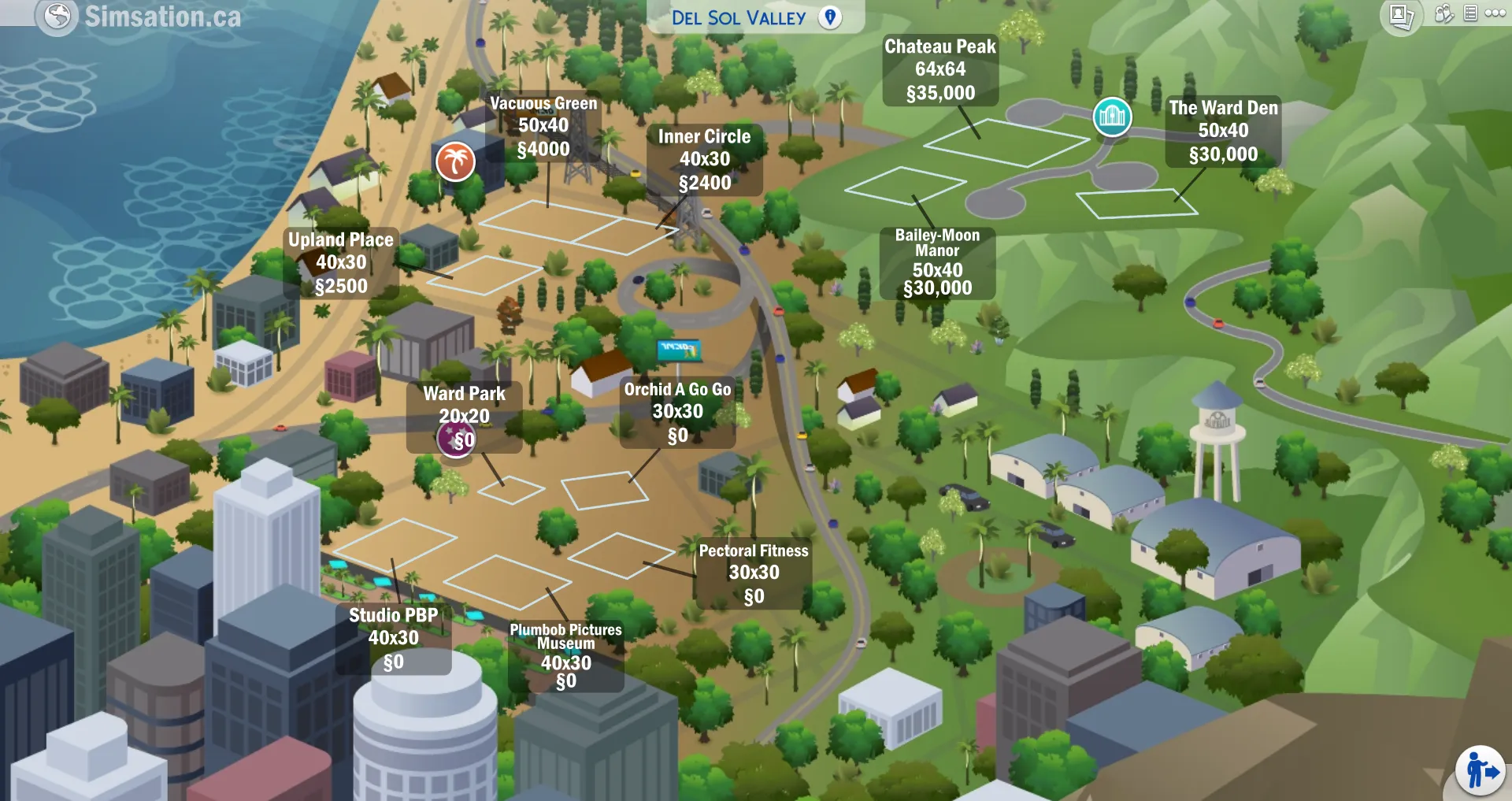 Labelled map of Del Sol Valley showing bulldozed lots
